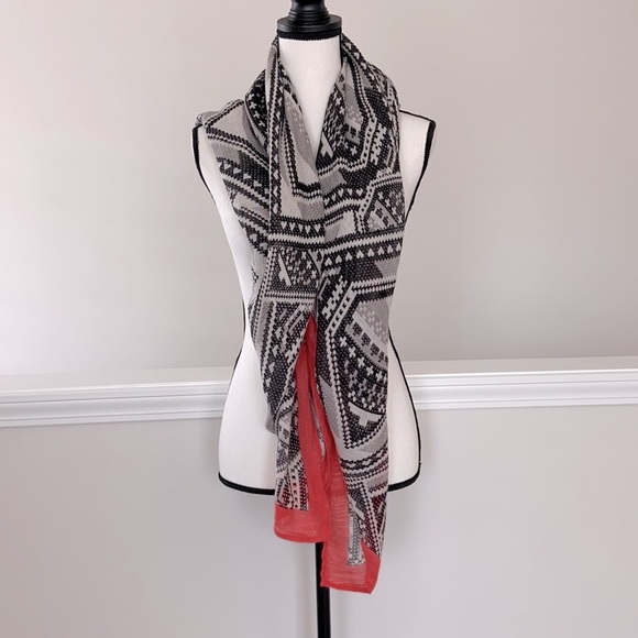 Lightweight Scarf Black/White w/Coral Border - Picture 1 of 10